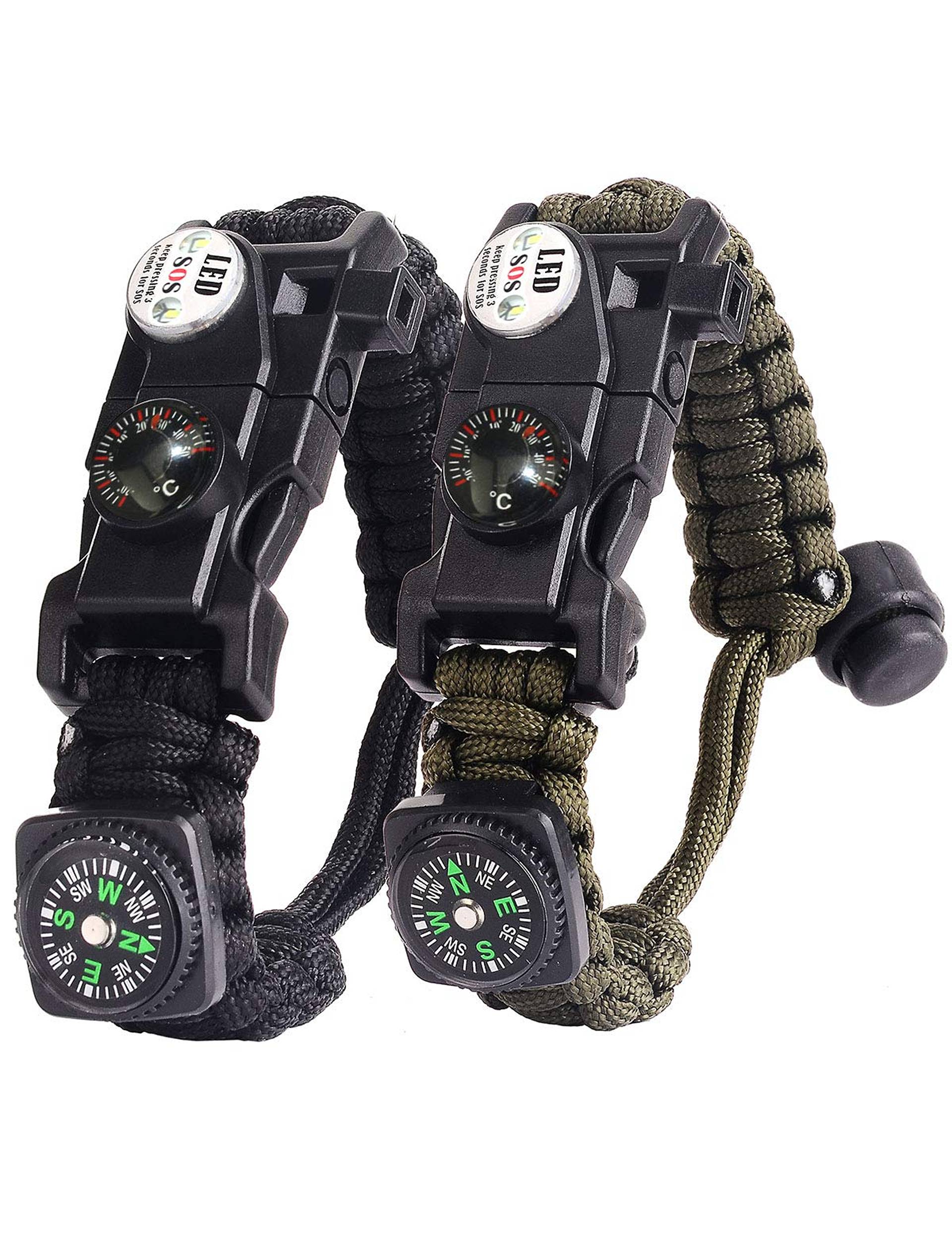 Paracord Survival Bracelet Kit Adjustable with Flint fire Starter + Compass + Thermometer + Whistle + Umbrella Rope + LED Light + Multi-Tool + Card Reader