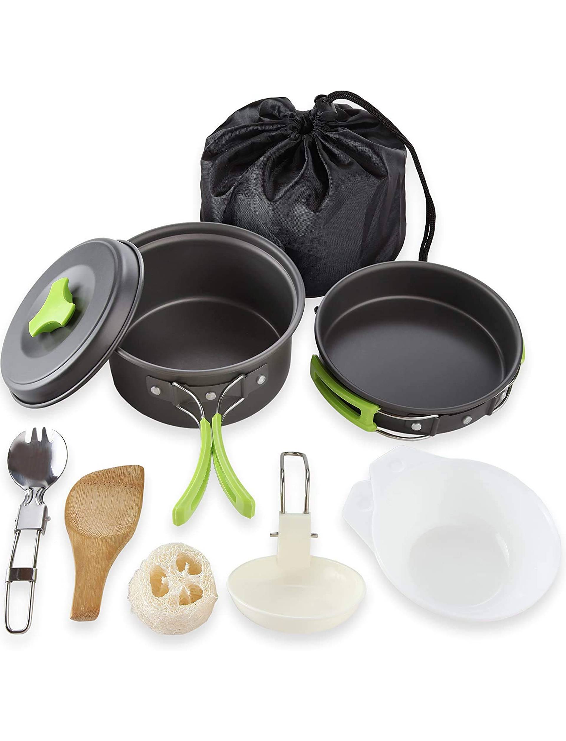 Cluemart Camping kichen Accessories for Outdoor Mess Kit,Cooking Equipment 10 Piece Cookset | Lightweight, Compact, Durable Pot Pan Bowls with Free Folding Spork and Nylon Bag (for 1-2 Person)