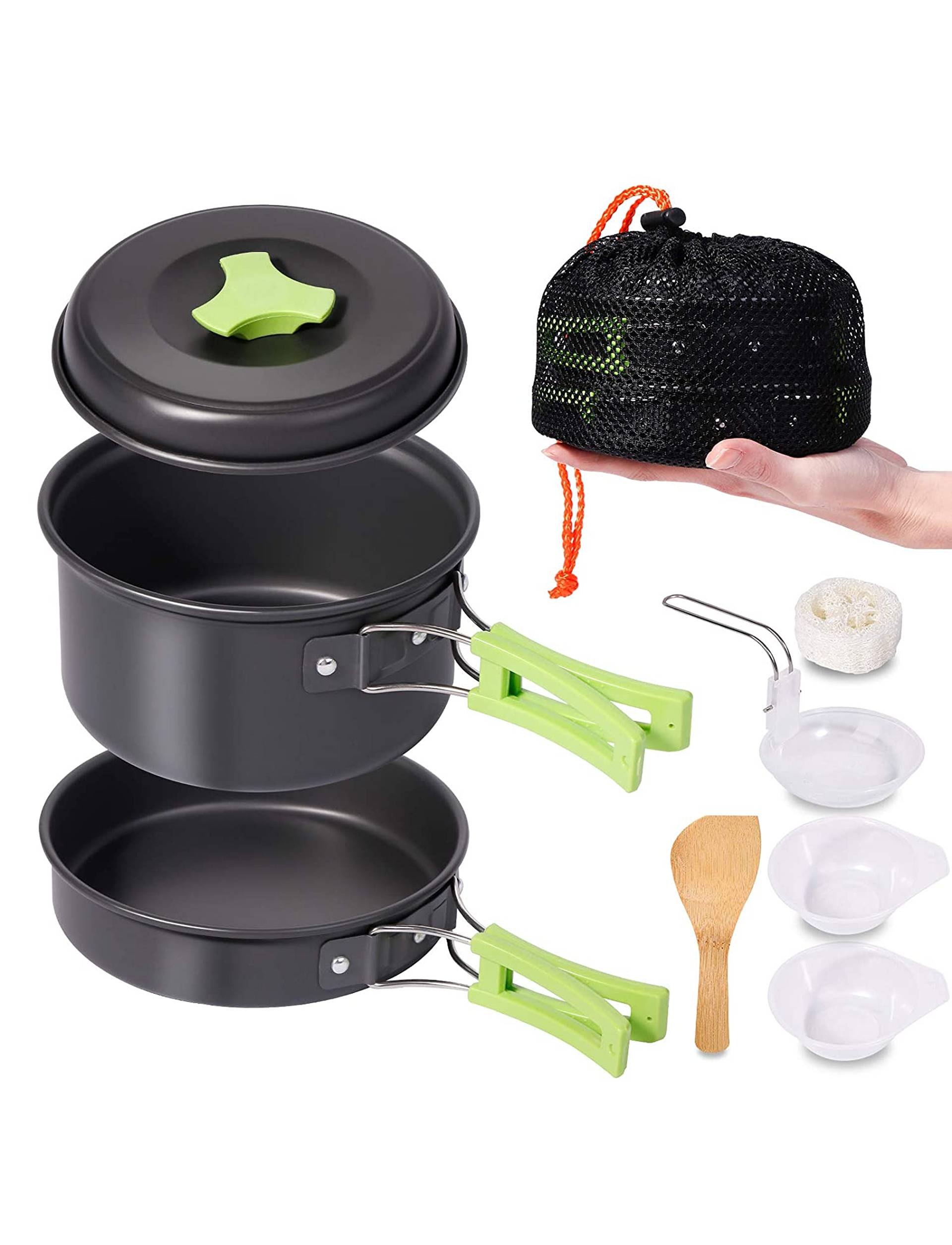 REHTRAD 8 Pcs Camping Cooking Set，Camping Accessories for Outdoor，Camping Utensils with Carry Bag，Camping Bowl Pot Pan Set