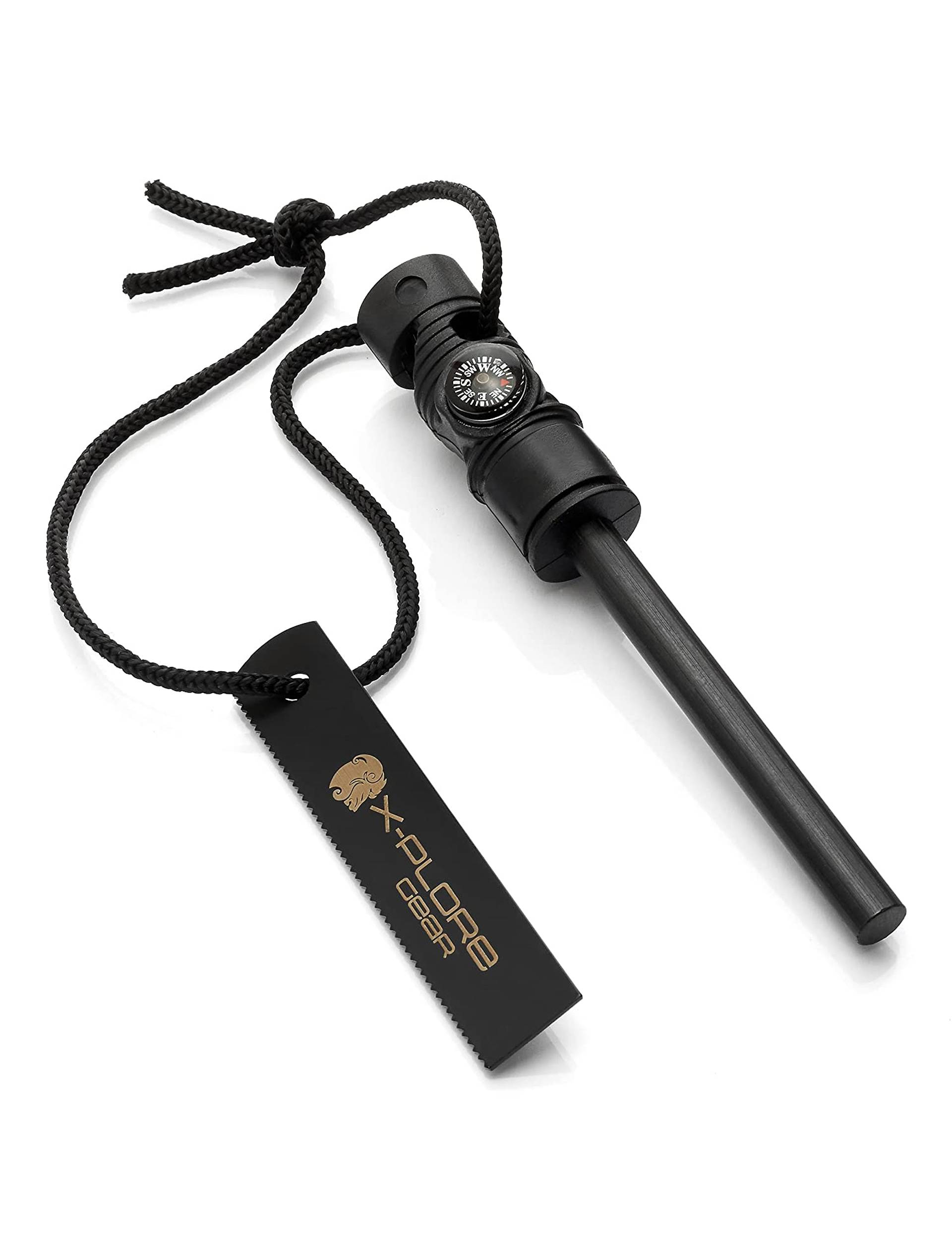 X-Plore Gear Firestarter - 3-In-1 Survival Multifunction Tool - Magnesium Fire Starter Rod Magnetic Compass Emergency Whistle - Ideal For Outdoor Camping Disaster Supply Kits